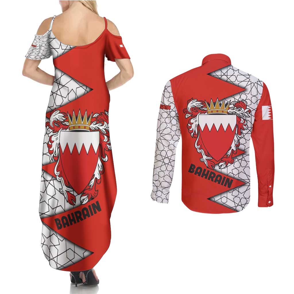 Bahrain Shield Design Couples Matching Summer Maxi Dress and Long Sleeve Button Shirt with Arabesque Tile Motif in Red