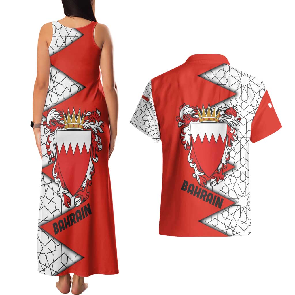 Bahrain Shield Design Couples Matching Tank Maxi Dress and Hawaiian Shirt with Arabesque Tile Motif in Red