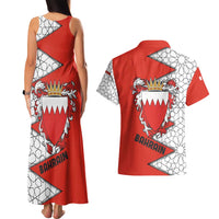 Bahrain Shield Design Couples Matching Tank Maxi Dress and Hawaiian Shirt with Arabesque Tile Motif in Red