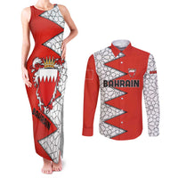 Bahrain Shield Design Couples Matching Tank Maxi Dress and Long Sleeve Button Shirt with Arabesque Tile Motif in Red