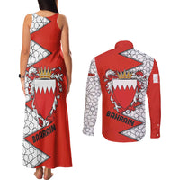Bahrain Shield Design Couples Matching Tank Maxi Dress and Long Sleeve Button Shirt with Arabesque Tile Motif in Red