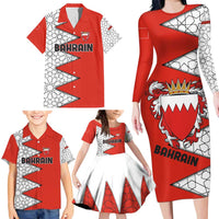 Bahrain Shield Design Family Matching Long Sleeve Bodycon Dress and Hawaiian Shirt with Arabesque Tile Motif in Red
