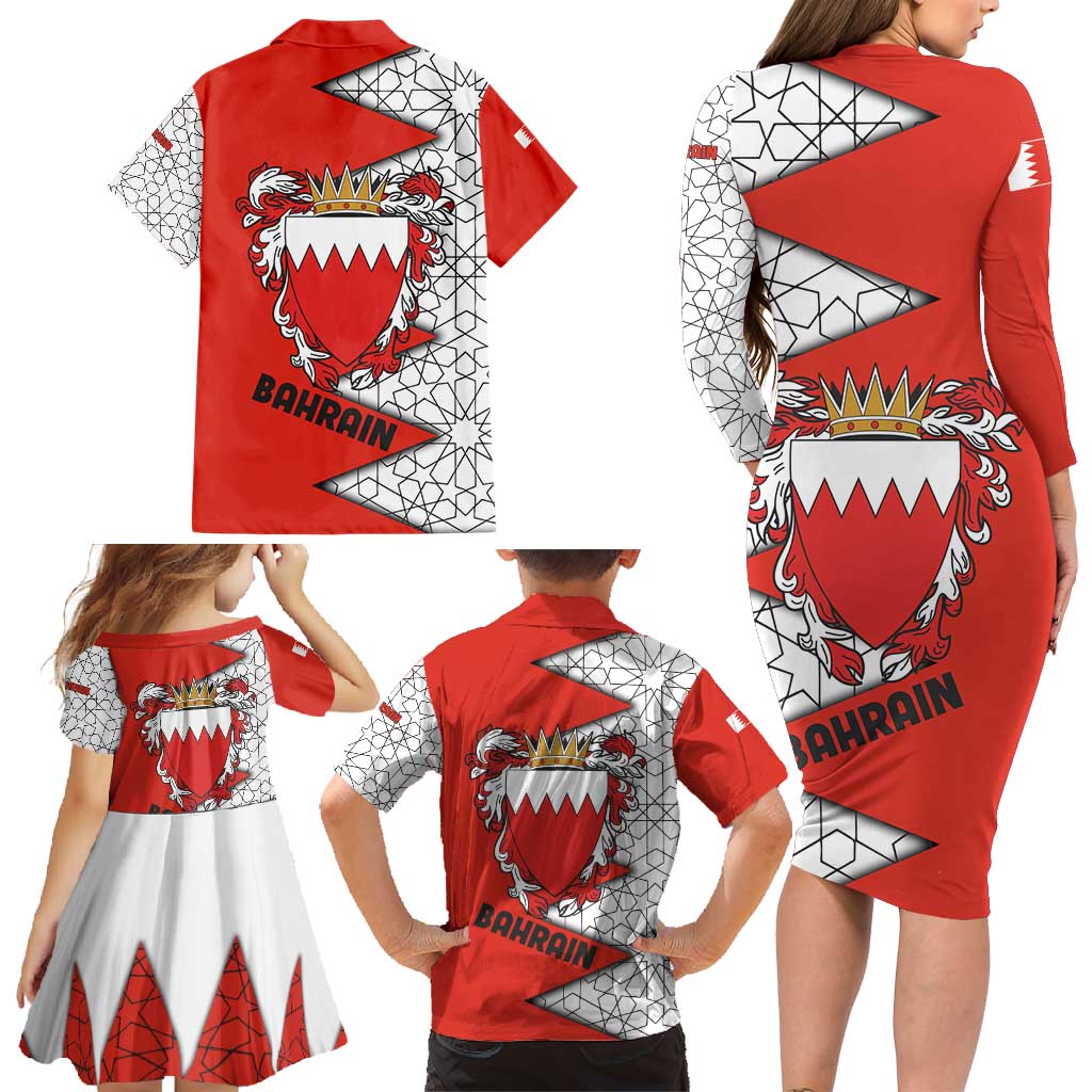 Bahrain Shield Design Family Matching Long Sleeve Bodycon Dress and Hawaiian Shirt with Arabesque Tile Motif in Red