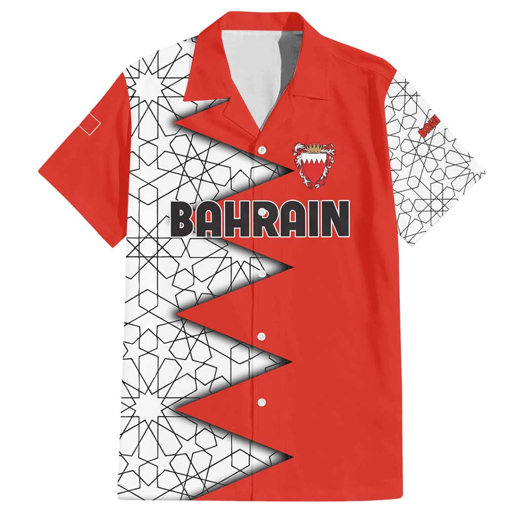 Bahrain Shield Design Family Matching Long Sleeve Bodycon Dress and Hawaiian Shirt with Arabesque Tile Motif in Red