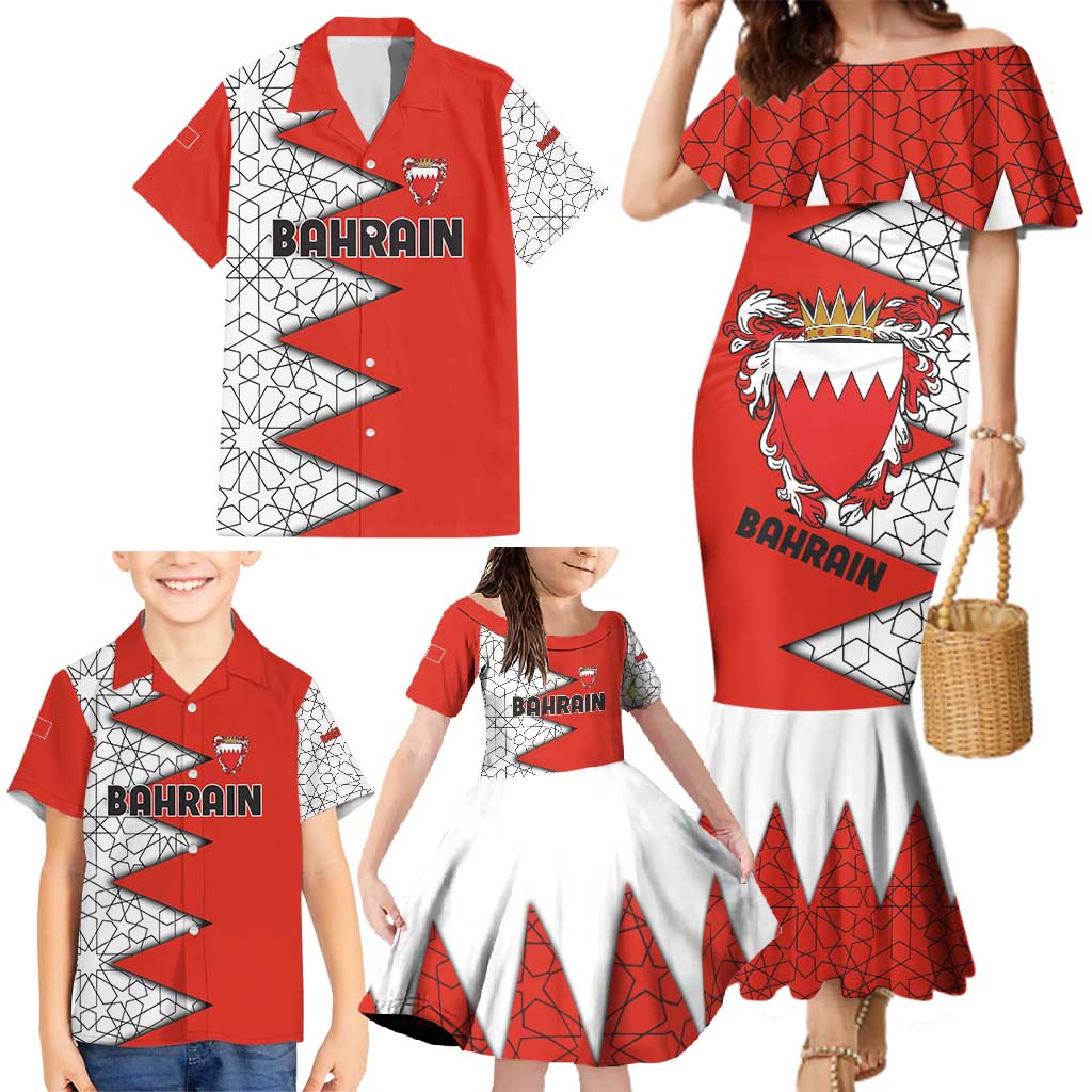 Bahrain Shield Design Family Matching Mermaid Dress and Hawaiian Shirt with Arabesque Tile Motif in Red