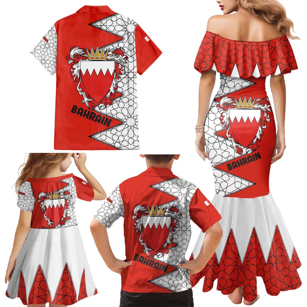 Bahrain Shield Design Family Matching Mermaid Dress and Hawaiian Shirt with Arabesque Tile Motif in Red