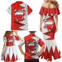 Bahrain Shield Design Family Matching Mermaid Dress and Hawaiian Shirt with Arabesque Tile Motif in Red