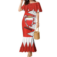 Bahrain Shield Design Family Matching Mermaid Dress and Hawaiian Shirt with Arabesque Tile Motif in Red