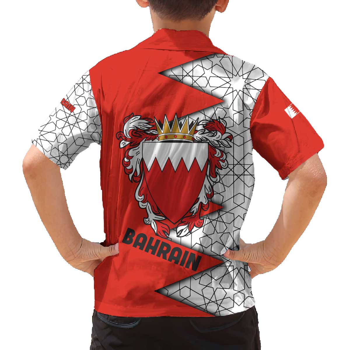 Bahrain Shield Design Family Matching Off The Shoulder Long Sleeve Dress and Hawaiian Shirt with Arabesque Tile Motif in Red