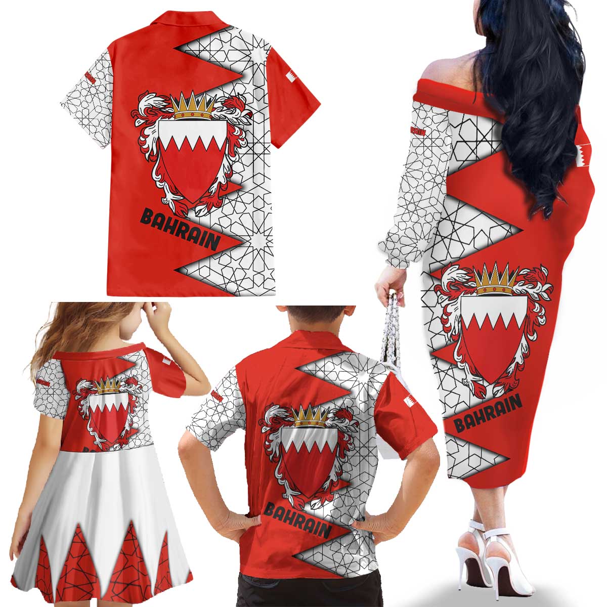 Bahrain Shield Design Family Matching Off The Shoulder Long Sleeve Dress and Hawaiian Shirt with Arabesque Tile Motif in Red