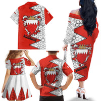 Bahrain Shield Design Family Matching Off The Shoulder Long Sleeve Dress and Hawaiian Shirt with Arabesque Tile Motif in Red