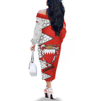 Bahrain Shield Design Family Matching Off The Shoulder Long Sleeve Dress and Hawaiian Shirt with Arabesque Tile Motif in Red