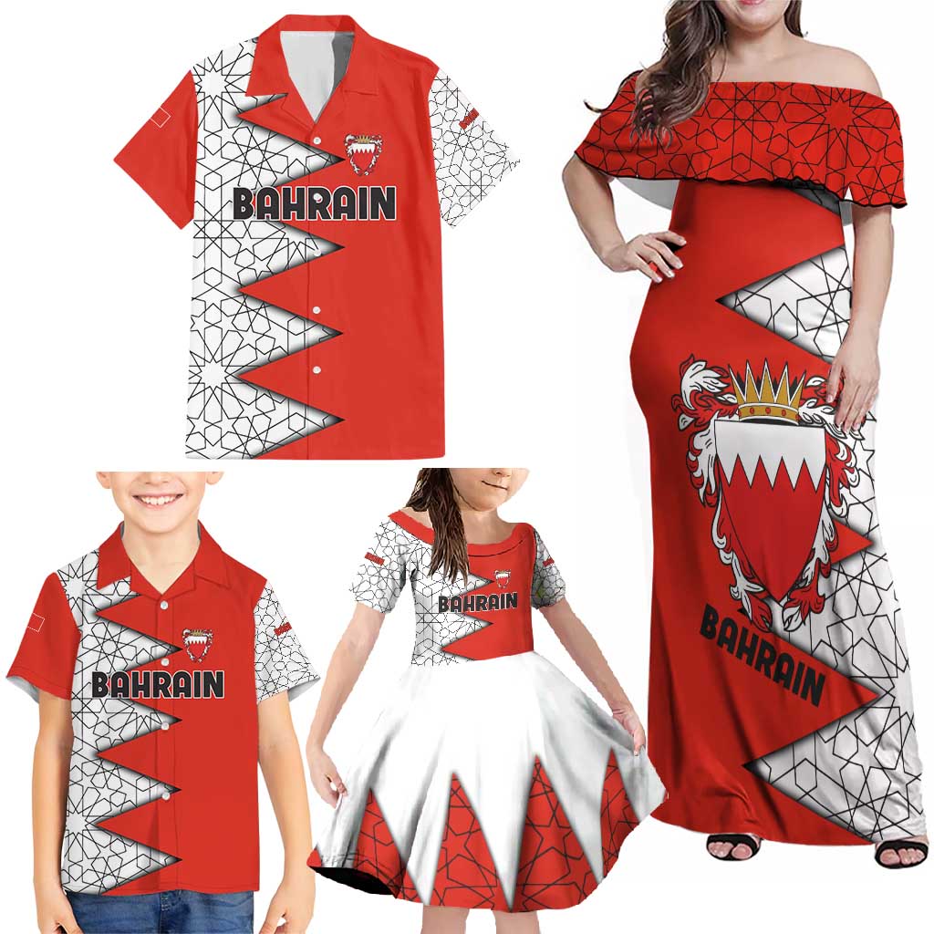 Bahrain Shield Design Family Matching Off Shoulder Maxi Dress and Hawaiian Shirt with Arabesque Tile Motif in Red