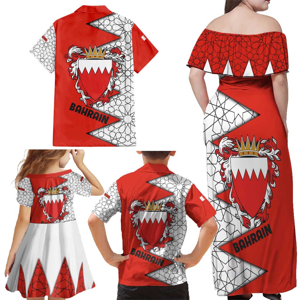 Bahrain Shield Design Family Matching Off Shoulder Maxi Dress and Hawaiian Shirt with Arabesque Tile Motif in Red