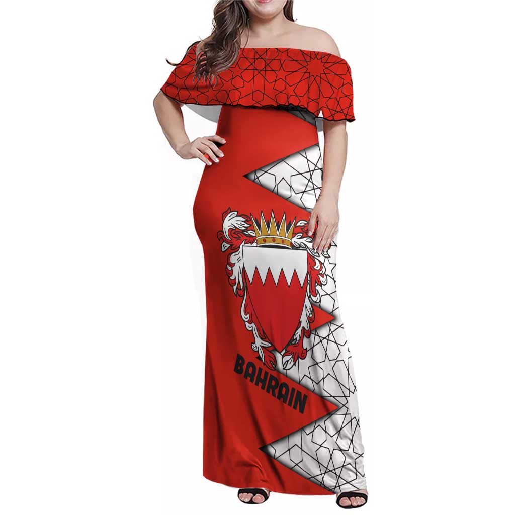 Bahrain Shield Design Family Matching Off Shoulder Maxi Dress and Hawaiian Shirt with Arabesque Tile Motif in Red