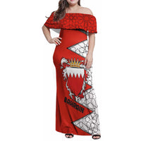 Bahrain Shield Design Family Matching Off Shoulder Maxi Dress and Hawaiian Shirt with Arabesque Tile Motif in Red