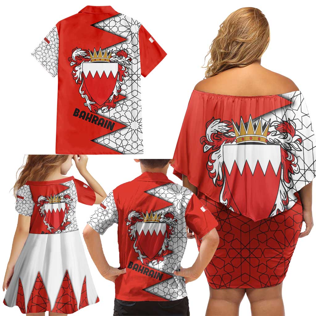 Bahrain Shield Design Family Matching Off Shoulder Short Dress and Hawaiian Shirt with Arabesque Tile Motif in Red