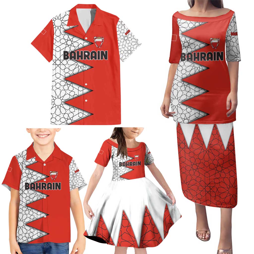 Bahrain Shield Design Family Matching Puletasi and Hawaiian Shirt with Arabesque Tile Motif in Red