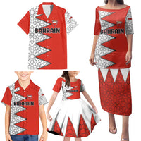 Bahrain Shield Design Family Matching Puletasi and Hawaiian Shirt with Arabesque Tile Motif in Red