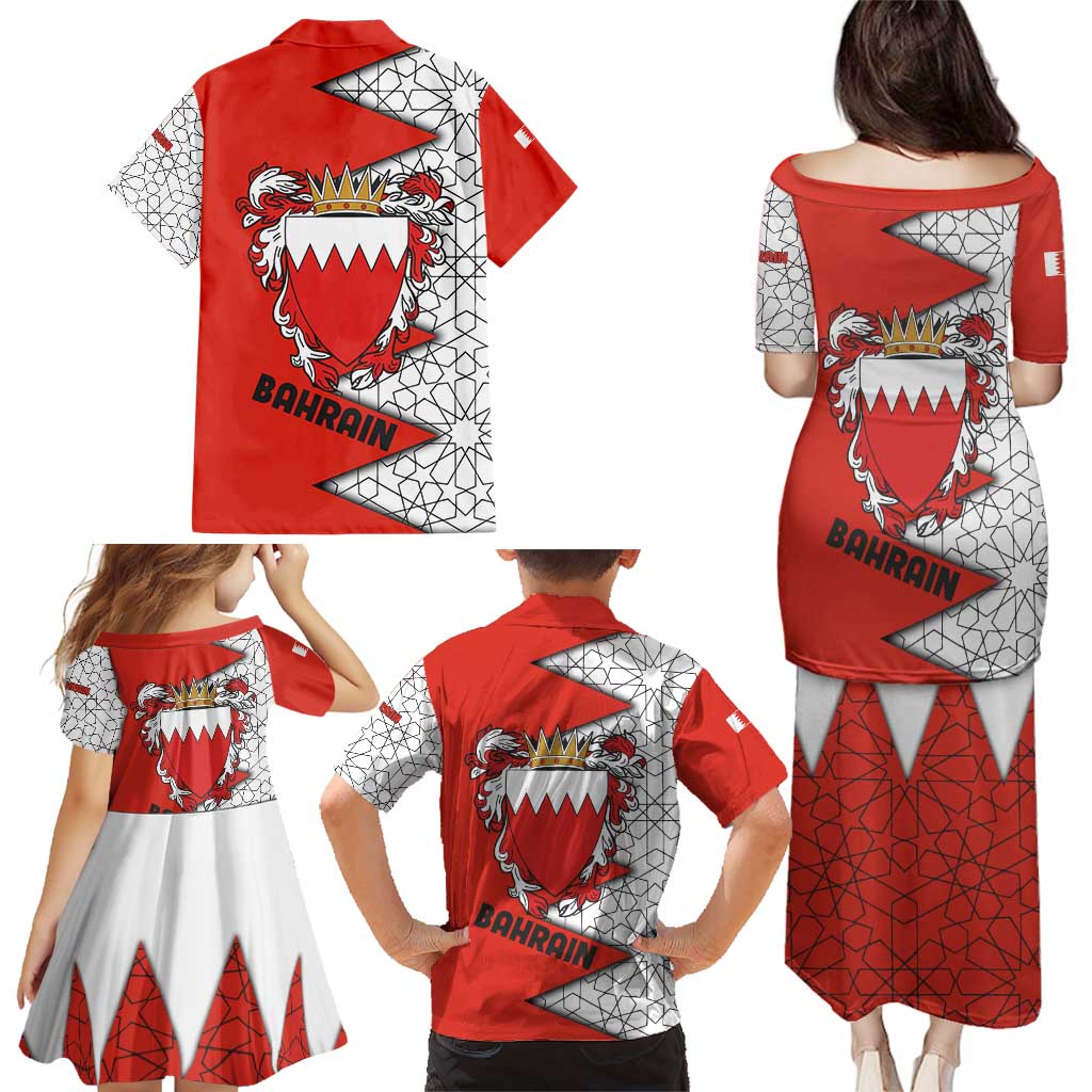 Bahrain Shield Design Family Matching Puletasi and Hawaiian Shirt with Arabesque Tile Motif in Red