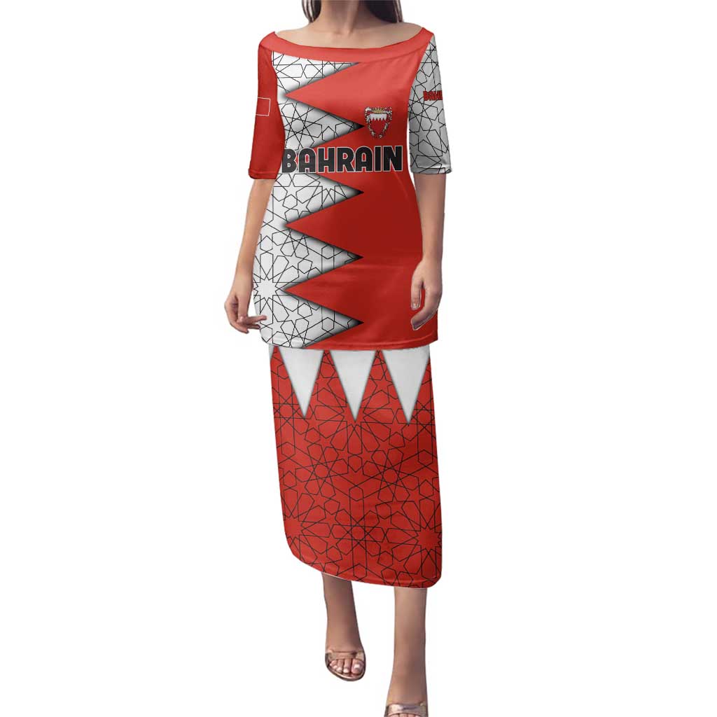 Bahrain Shield Design Family Matching Puletasi and Hawaiian Shirt with Arabesque Tile Motif in Red