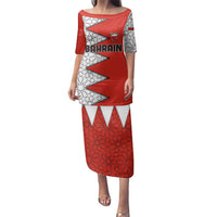 Bahrain Shield Design Family Matching Puletasi and Hawaiian Shirt with Arabesque Tile Motif in Red