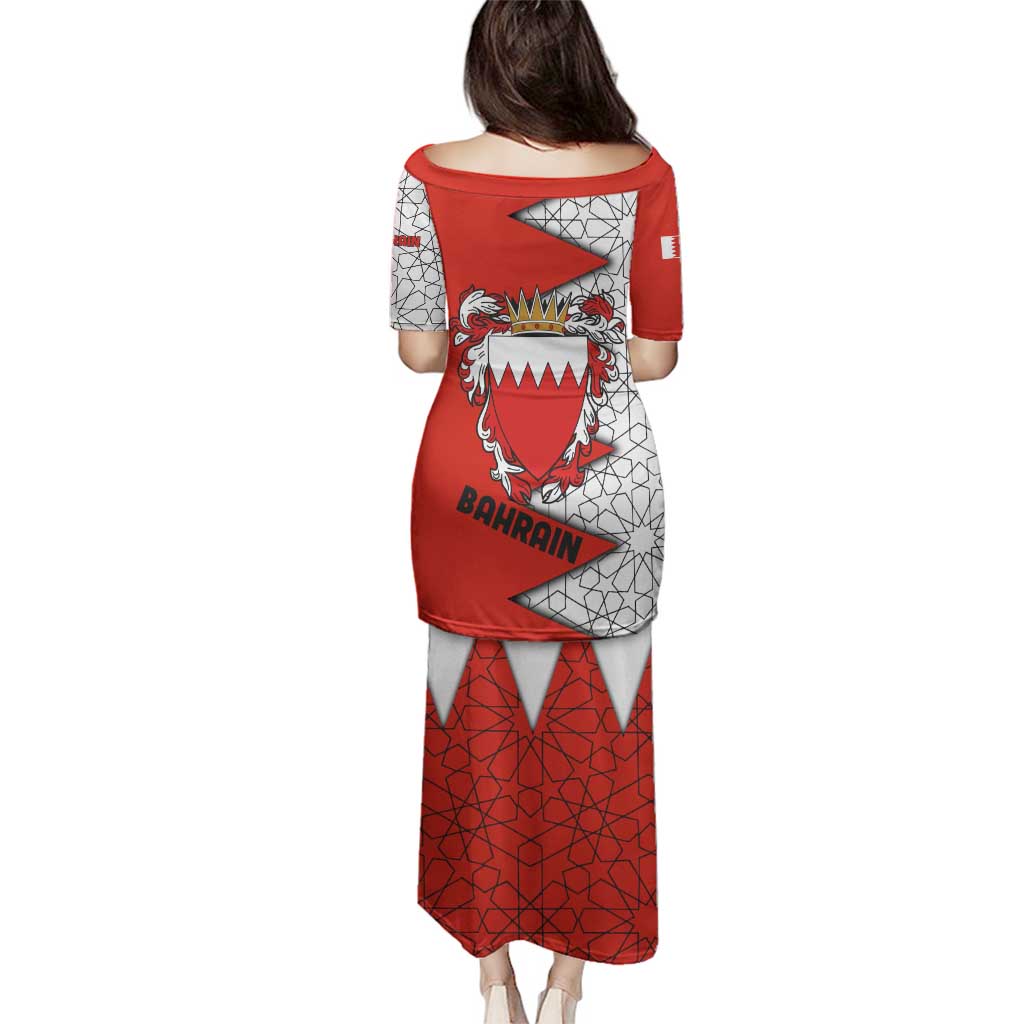 Bahrain Shield Design Family Matching Puletasi and Hawaiian Shirt with Arabesque Tile Motif in Red