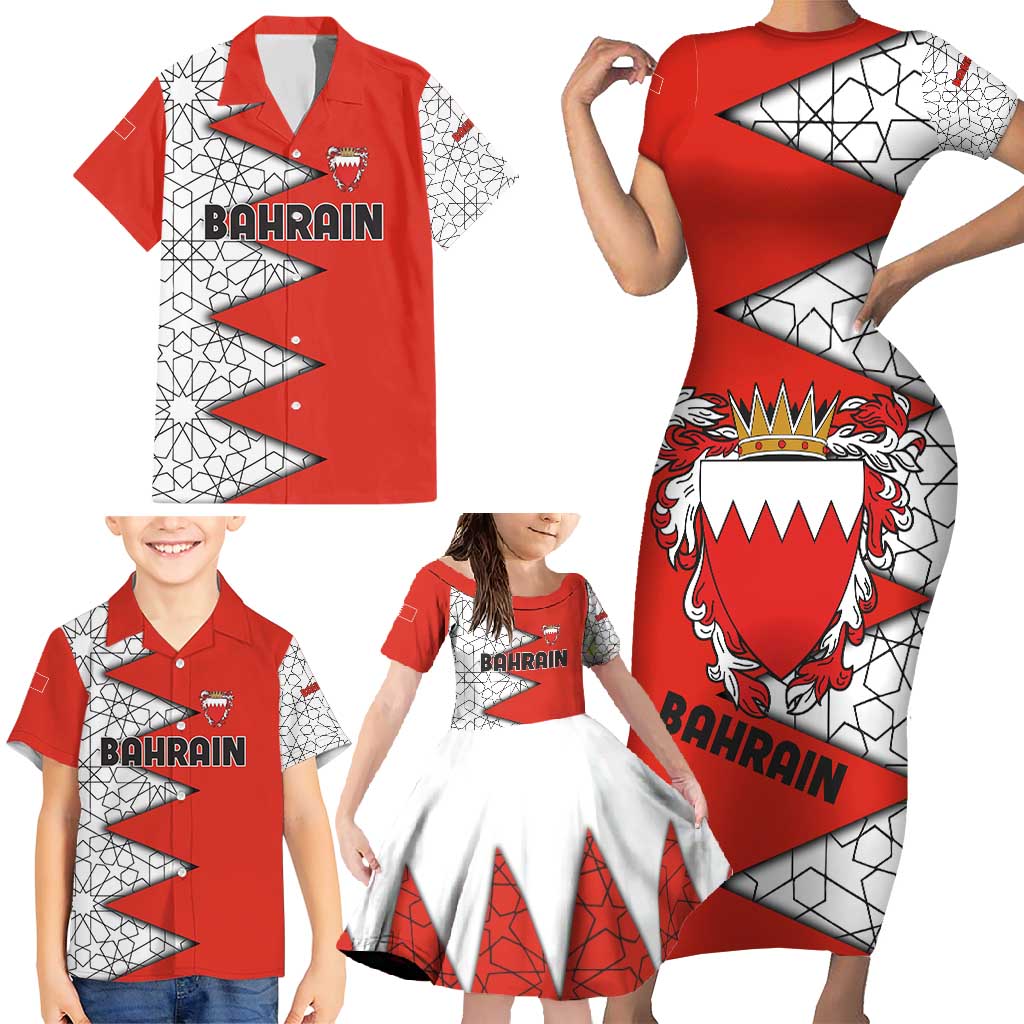 Bahrain Shield Design Family Matching Short Sleeve Bodycon Dress and Hawaiian Shirt with Arabesque Tile Motif in Red