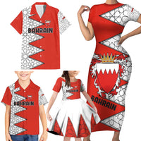 Bahrain Shield Design Family Matching Short Sleeve Bodycon Dress and Hawaiian Shirt with Arabesque Tile Motif in Red