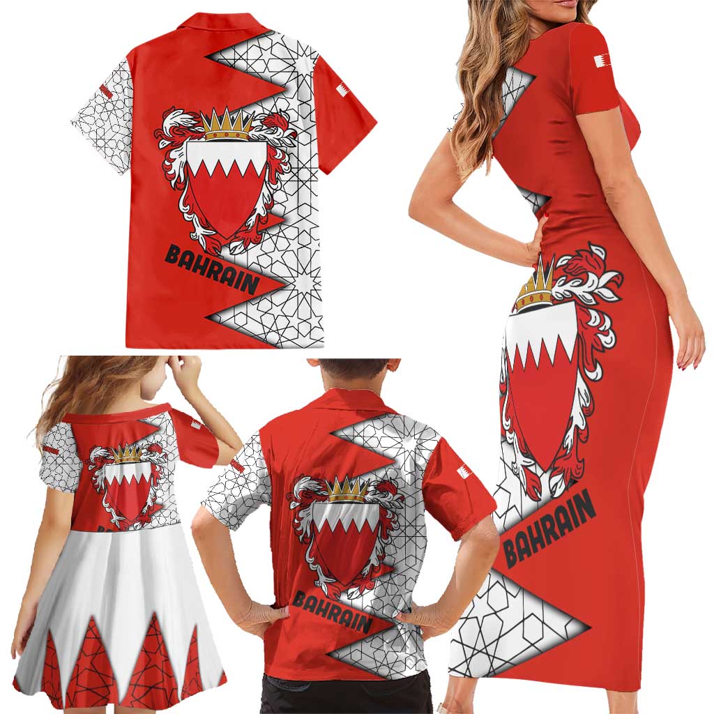 Bahrain Shield Design Family Matching Short Sleeve Bodycon Dress and Hawaiian Shirt with Arabesque Tile Motif in Red