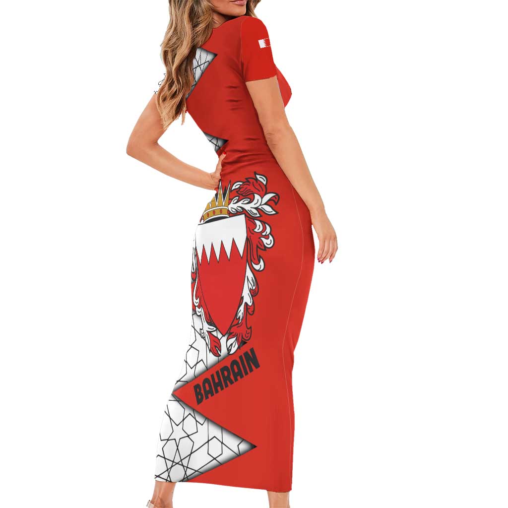 Bahrain Shield Design Family Matching Short Sleeve Bodycon Dress and Hawaiian Shirt with Arabesque Tile Motif in Red