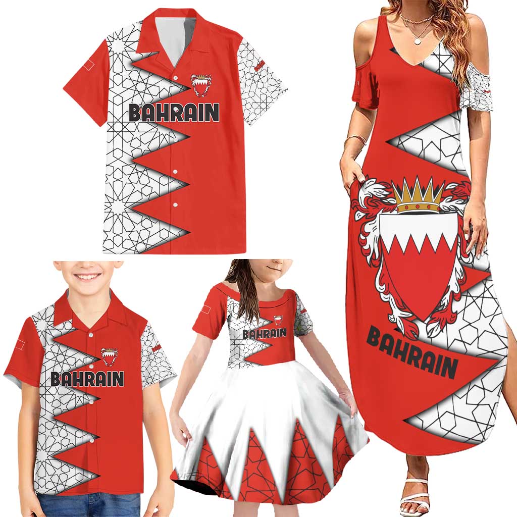 Bahrain Shield Design Family Matching Summer Maxi Dress and Hawaiian Shirt with Arabesque Tile Motif in Red