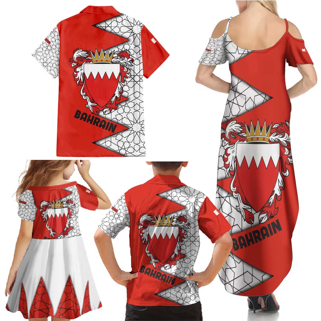 Bahrain Shield Design Family Matching Summer Maxi Dress and Hawaiian Shirt with Arabesque Tile Motif in Red