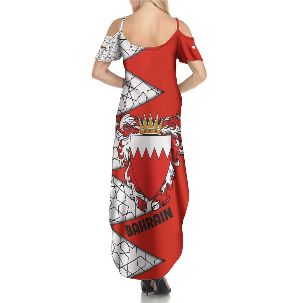 Bahrain Shield Design Family Matching Summer Maxi Dress and Hawaiian Shirt with Arabesque Tile Motif in Red