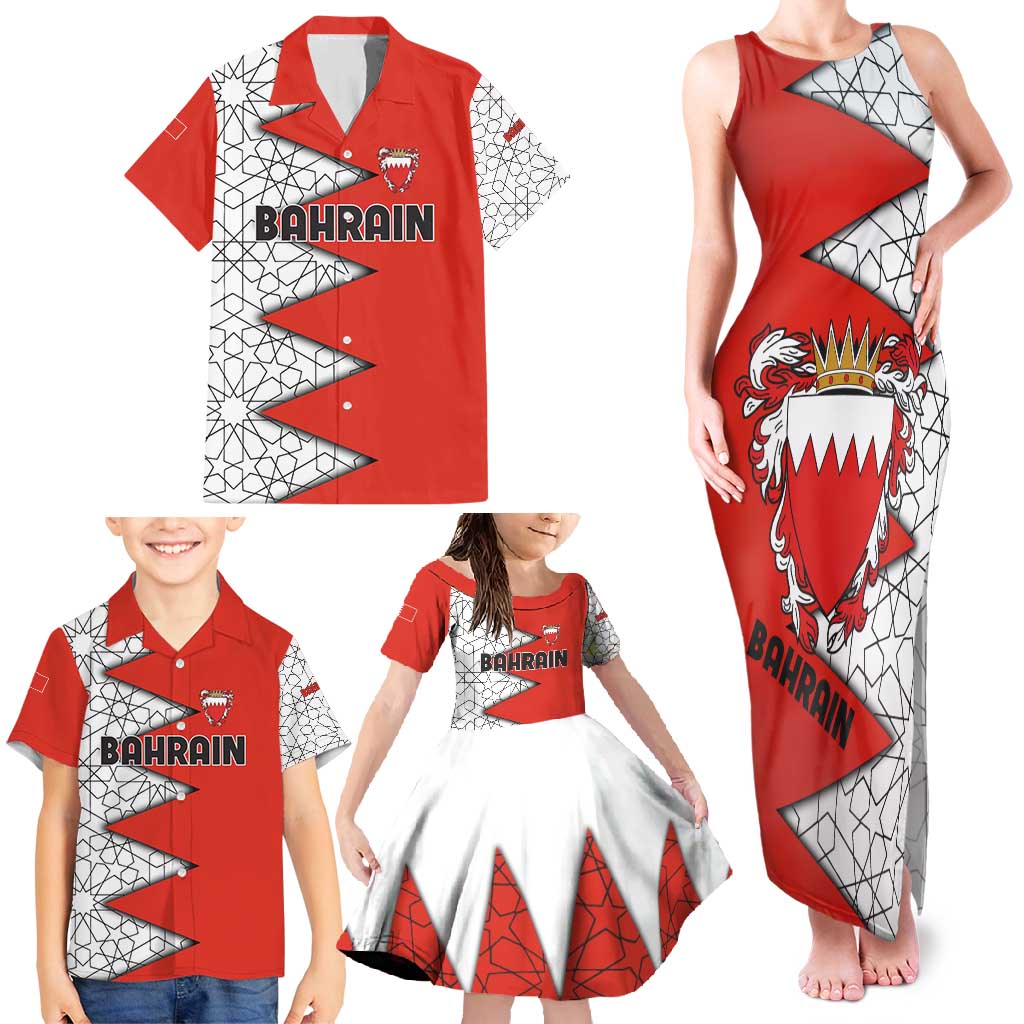 Bahrain Shield Design Family Matching Tank Maxi Dress and Hawaiian Shirt with Arabesque Tile Motif in Red