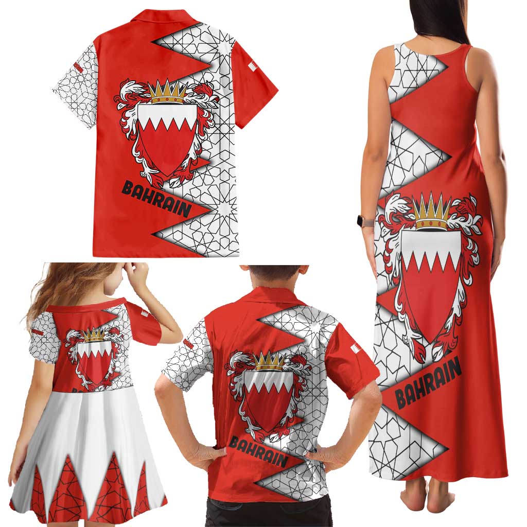 Bahrain Shield Design Family Matching Tank Maxi Dress and Hawaiian Shirt with Arabesque Tile Motif in Red