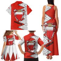 Bahrain Shield Design Family Matching Tank Maxi Dress and Hawaiian Shirt with Arabesque Tile Motif in Red