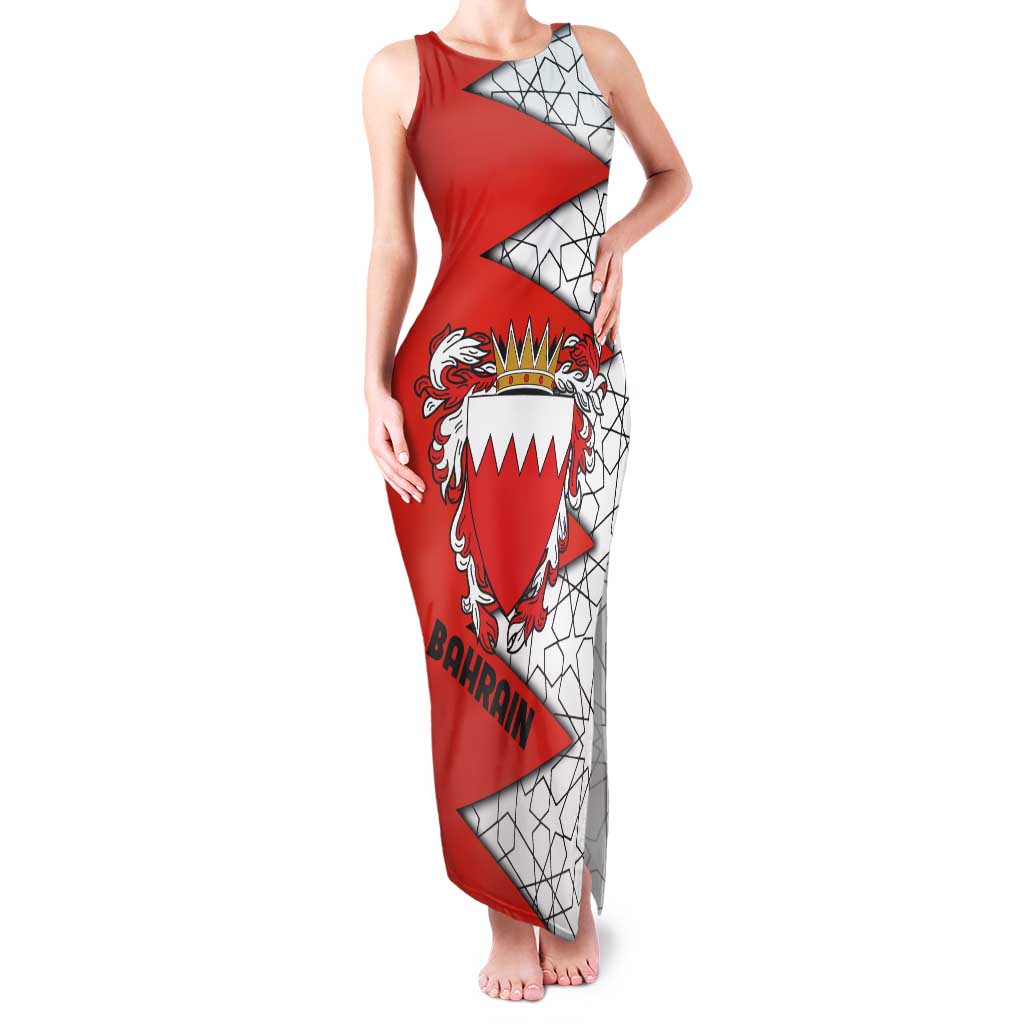 Bahrain Shield Design Family Matching Tank Maxi Dress and Hawaiian Shirt with Arabesque Tile Motif in Red