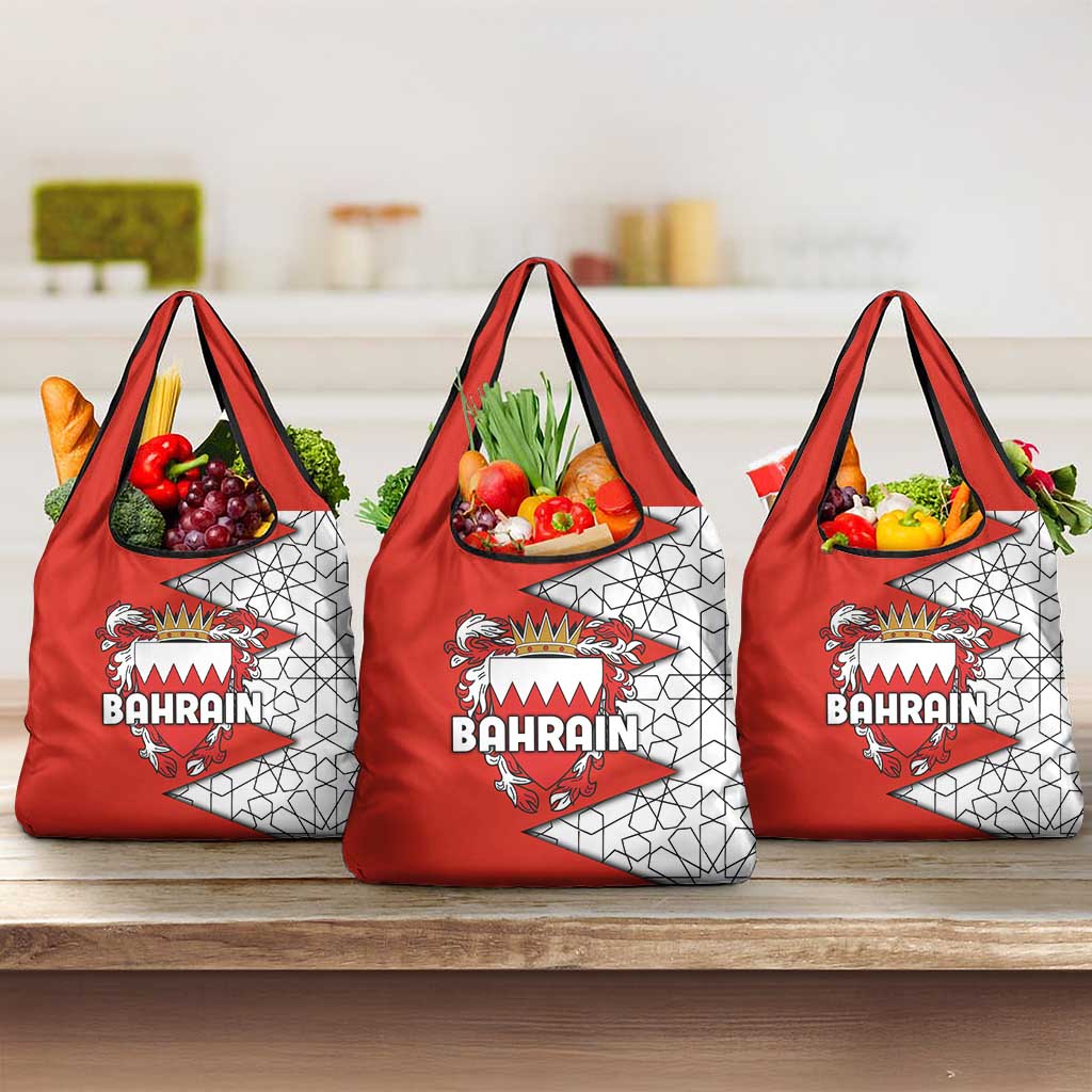Bahrain Shield Design Grocery Bag with Arabesque Tile Motif in Red