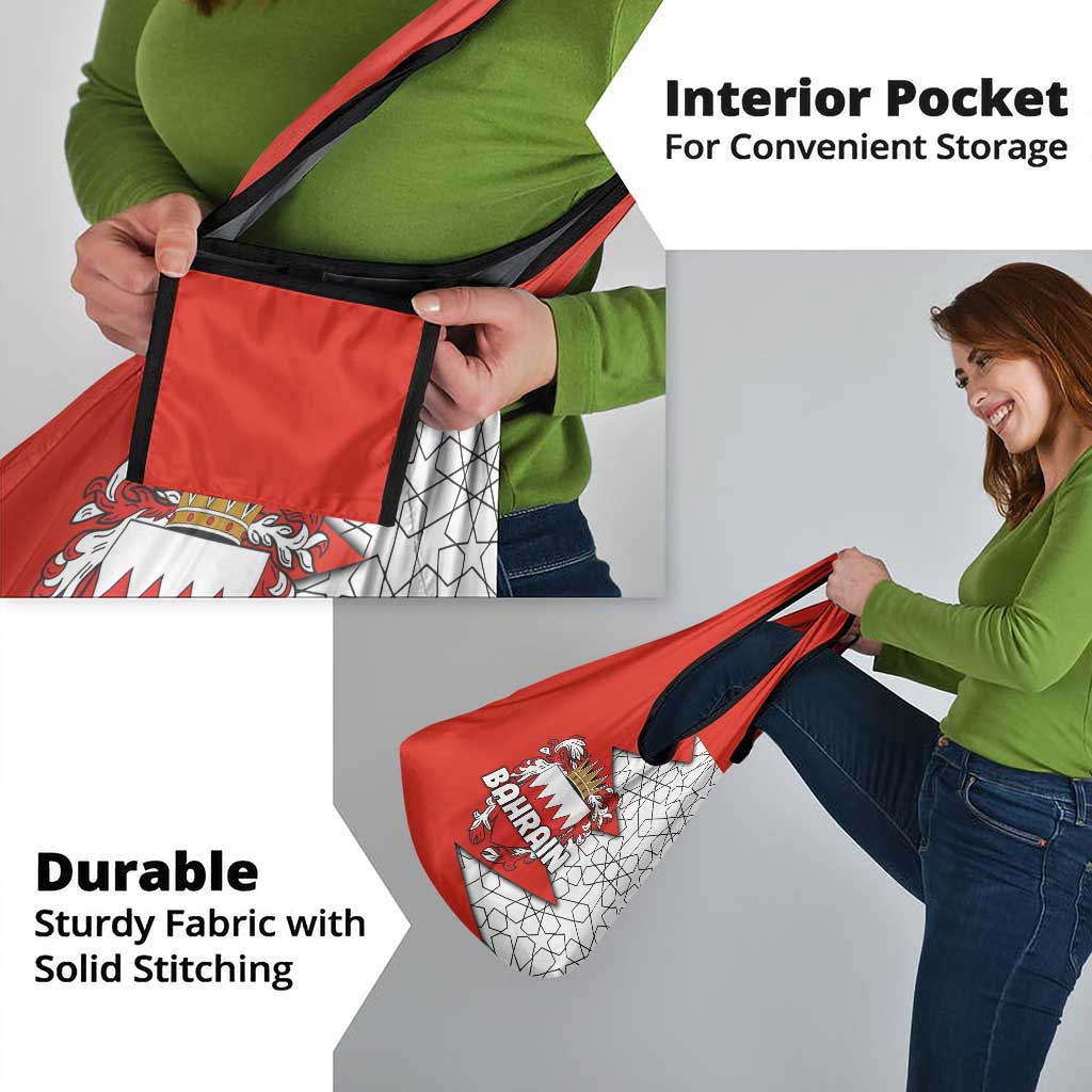 Bahrain Shield Design Grocery Bag with Arabesque Tile Motif in Red