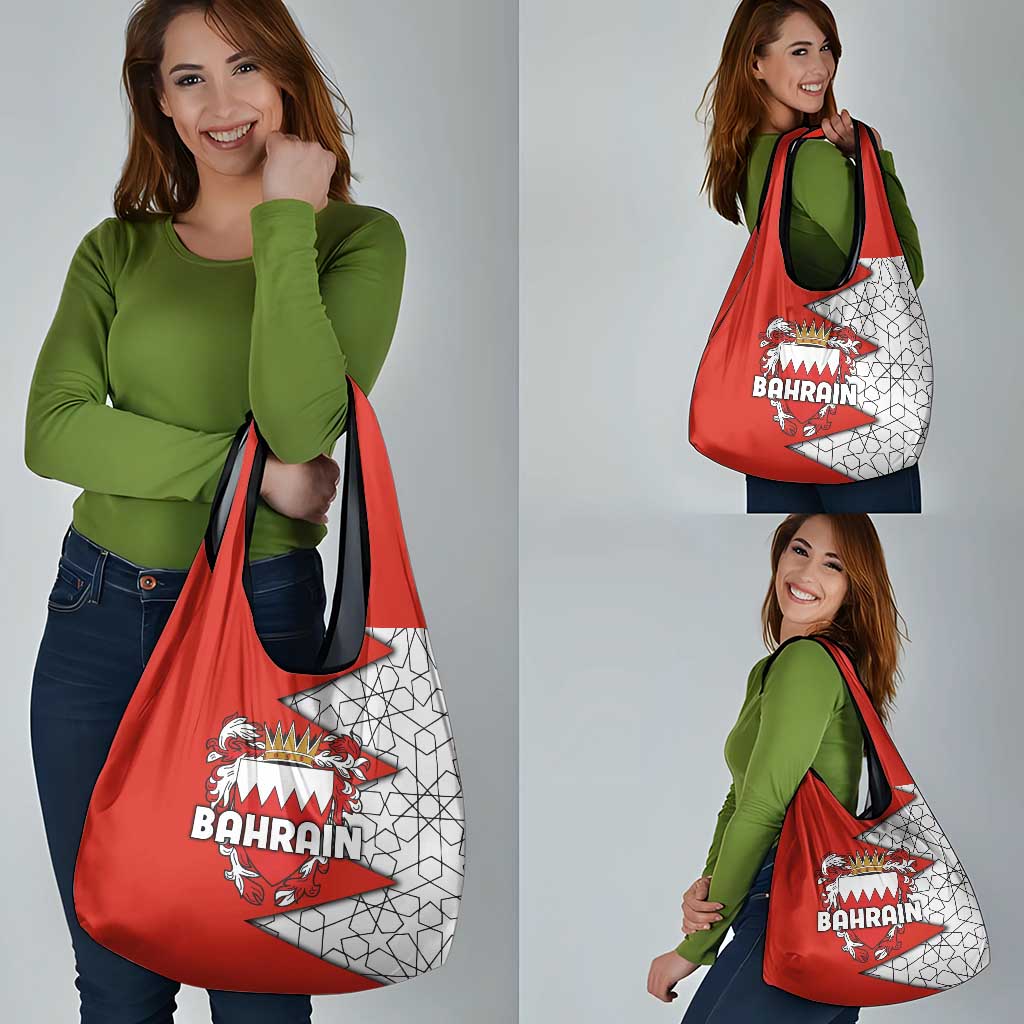 Bahrain Shield Design Grocery Bag with Arabesque Tile Motif in Red