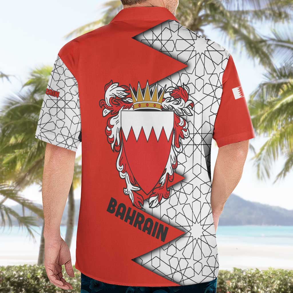 Bahrain Shield Design Hawaiian Shirt with Arabesque Tile Motif in Red