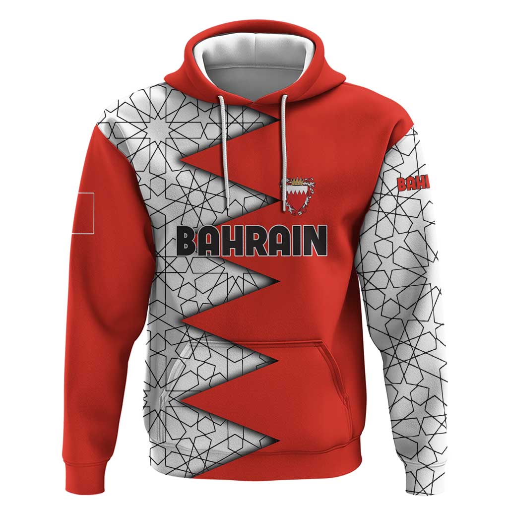 Bahrain Shield Design Hoodie with Arabesque Tile Motif in Red
