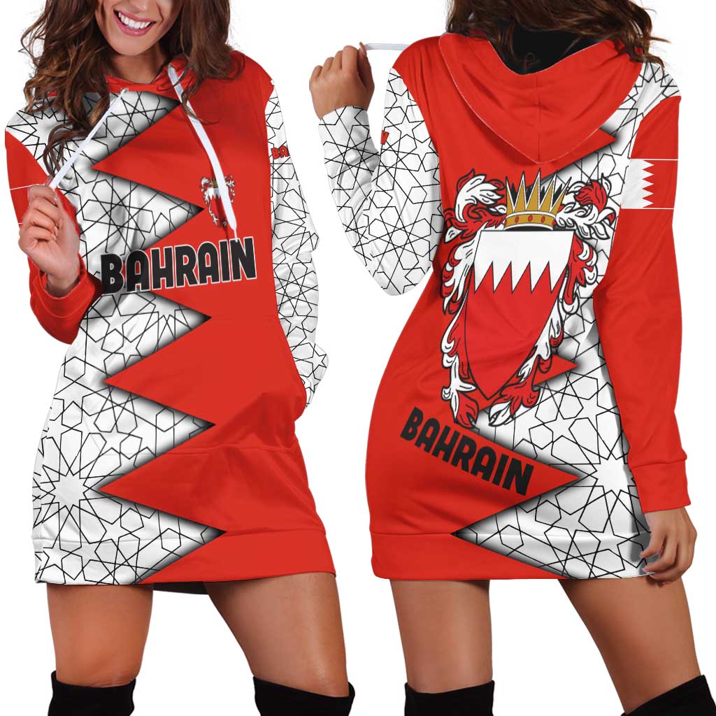 Bahrain Shield Design Hoodie Dress with Arabesque Tile Motif in Red