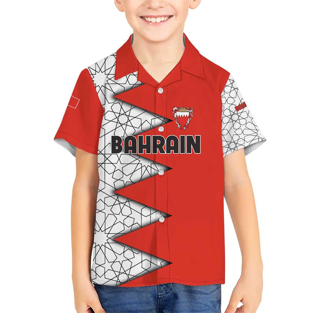 Bahrain Shield Design Kid Hawaiian Shirt with Arabesque Tile Motif in Red