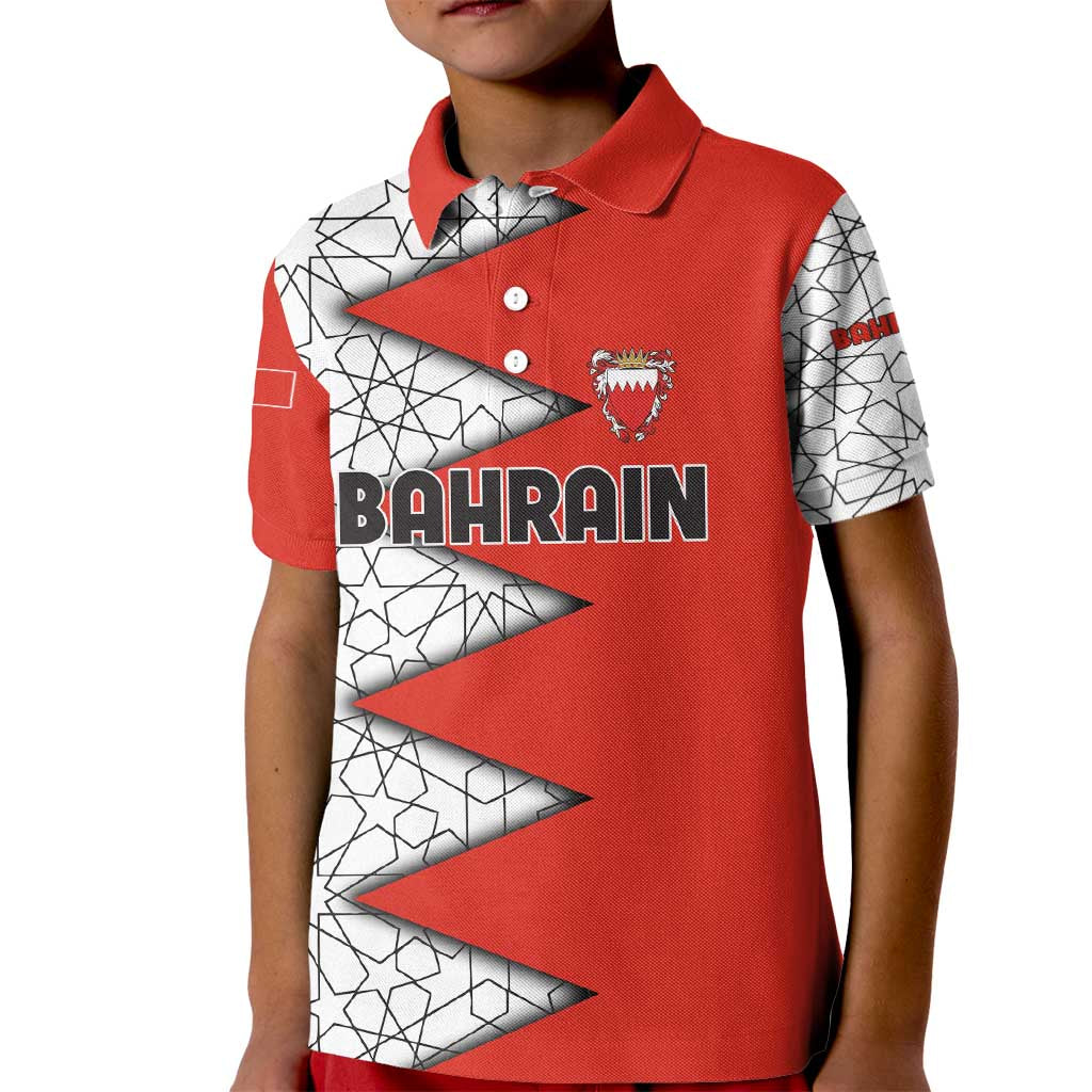 Bahrain Shield Design Kid Polo Shirt with Arabesque Tile Motif in Red