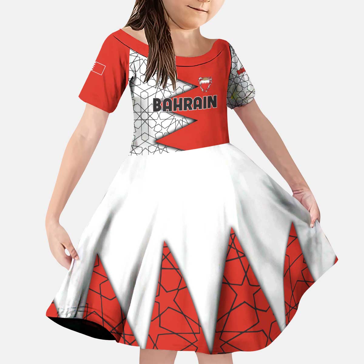 Bahrain Shield Design Kid Short Sleeve Dress with Arabesque Tile Motif in Red