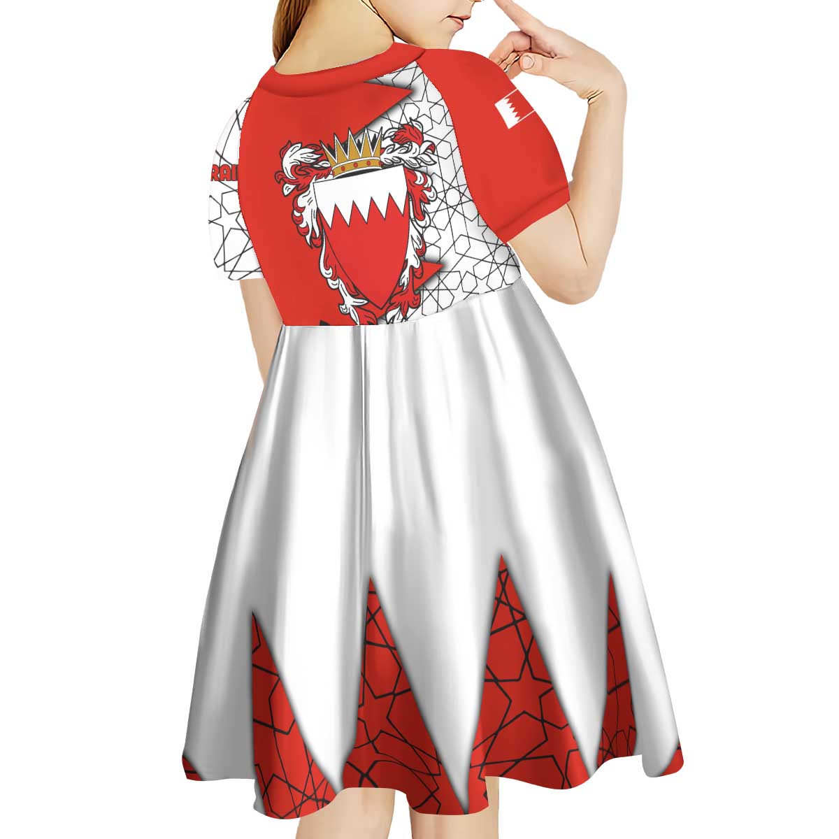 Bahrain Shield Design Kid Short Sleeve Dress with Arabesque Tile Motif in Red