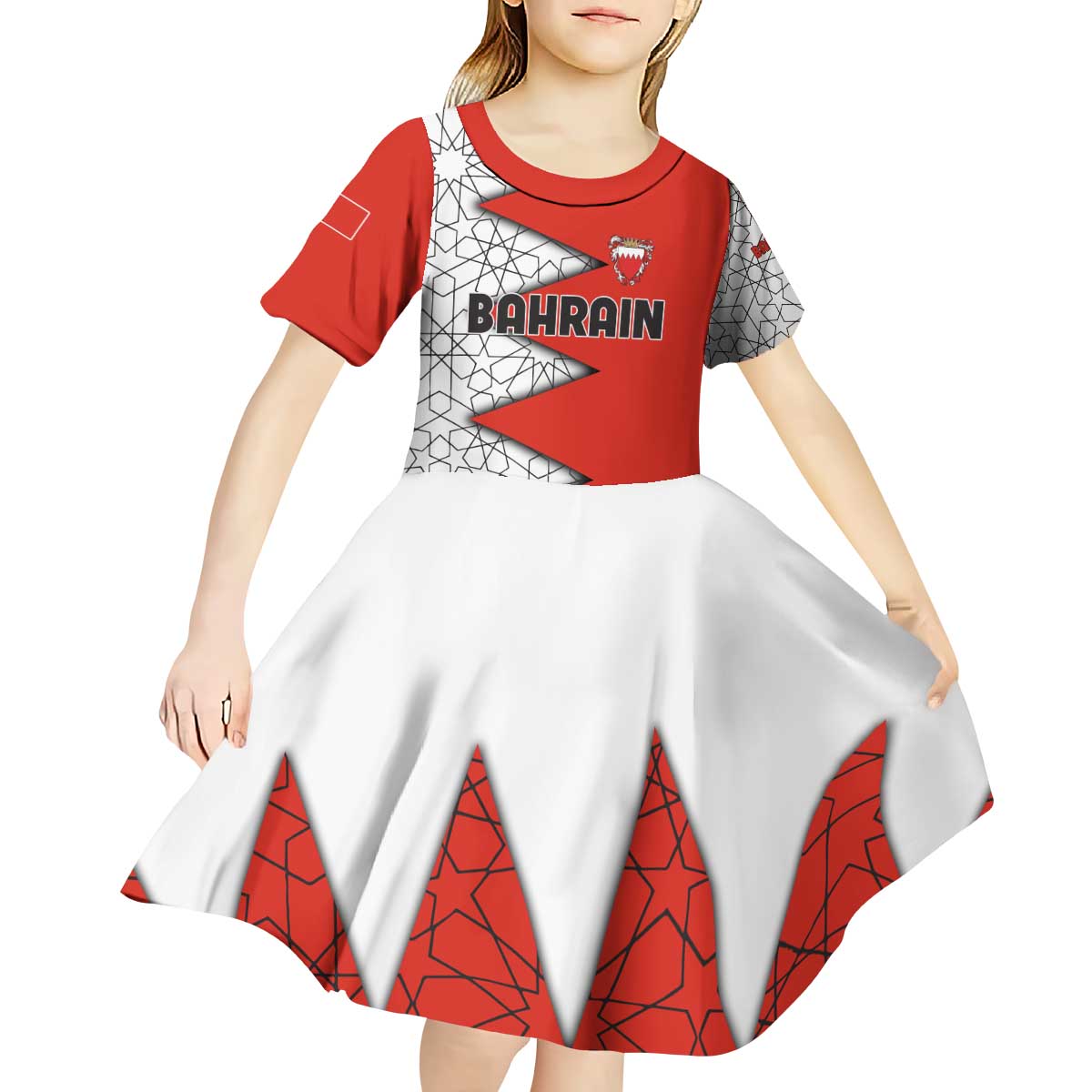 Bahrain Shield Design Kid Short Sleeve Dress with Arabesque Tile Motif in Red