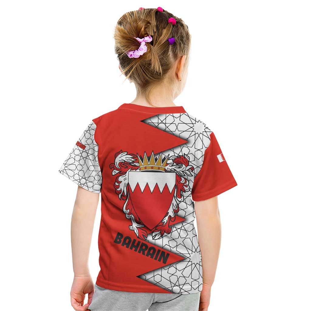 Bahrain Shield Design Kid T Shirt with Arabesque Tile Motif in Red